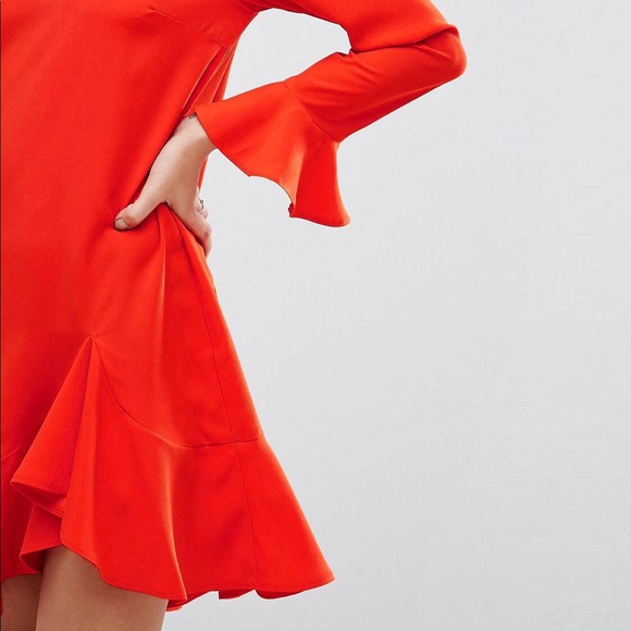 ASOS Fluted Sleeve Ruffle Hem Mini Dress - Picture 3 of 8